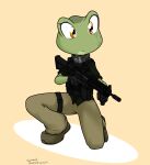  2023 amber_eyes amelia_(sandwich-anomaly) amphibian anthro black_clothing black_gloves black_handwear bottomwear brown_bottomwear brown_clothing brown_footwear brown_pants brown_shoes bulletproof_vest clothed clothing crouching eye_scar facial_scar female footwear frog gloves green_body green_skin gun handwear holding_gun holding_object holding_rifle holding_weapon military pants ranged_weapon rifle sandwich-anomaly scar scarf shoes simple_background solo tan_background weapon 