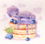  :d artist_name blueberry commentary_request dated fangs food fruit highres muk no_humans oddish open_mouth pancake pancake_stack pokemon pokemon_(creature) red_eyes riseko_(ri_se_ko_2) signature simple_background sitting slime_(substance) smile smoke traditional_media weezing white_background 