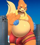  2023 absurd_res anthro blush bottomwear building buizel bulge chubby_male city clothed clothing digital_media_(artwork) generation_4_pokemon genital_outline gradient_background hi_res kify lidded_eyes looking_at_viewer male nintendo open_mouth penis_outline pokemon pokemon_(species) red_bottomwear red_clothing simple_background sky skyscraper topless topless_anthro topless_male whistle_(object) 
