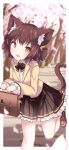  1girl absurdres ahoge animal_ear_fluff animal_ears black_bow black_skirt blazer blurry blurry_background bow brown_eyes brown_footwear brown_hair brown_jacket cat_ears cat_girl cat_tail center_frills collared_shirt commission daidai_ookami day depth_of_field dress_shirt frilled_skirt frilled_sleeves frills highres holding jacket loafers long_sleeves original petals pleated_skirt school_briefcase school_uniform shirt shoes skeb_commission skirt sleeves_past_wrists solo tail tree two_side_up white_shirt 