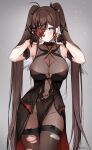  1girl bare_shoulders black_dress blush breasts brown_hair brown_thighhighs cleavage collarbone dress epic_seven flower grey_eyes highres kaetzchen large_breasts long_hair looking_at_viewer pelvic_curtain roana_(epic_seven) rose solo thighhighs thighs twintails very_long_hair wrist_cuffs 