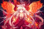  1girl black_background bow collared_shirt commentary fiery_wings fire fujiwara_no_mokou grey_hair hair_bow long_hair looking_at_viewer mirimo ofuda ofuda_on_clothes pants pyrokinesis red_eyes red_pants shirt simple_background smile solo suspenders torn_clothes torn_sleeves touhou white_shirt wings 