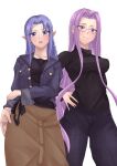  2girls :o black_shirt blue_jacket blue_pants blush brown_skirt collarbone denim fate/hollow_ataraxia fate/stay_night fate_(series) forehead glasses hand_on_own_hip highres jacket jeans kikyouta long_hair looking_at_viewer medea_(fate) medusa_(fate) medusa_(rider)_(fate) multiple_girls pants pointy_ears purple_eyes purple_hair shirt simple_background skirt smile turtleneck upper_body white_background 