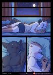  anthro bed blush canid canine canis clothed clothing comic comic_panel digital_drawing_(artwork) digital_media_(artwork) domestic_cat domestic_dog duo eyes_closed felid feline felis fur furniture hair hi_res inside lying lying_on_bed male mammal moon night nipples on_back on_bed on_side open_mouth partially_clothed patreon patreon_logo pecs pillow shaded shirt sleeping sleeping_together stampmats tail tank_top text topwear url 