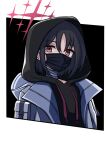  1girl black_hoodie black_mask blue_archive brown_hair generic_33 halo highres hood hoodie looking_at_viewer misaki_(blue_archive) red_eyes simple_background solo white_background 