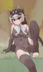  1girl animal_ears antenna_hair arm_support bare_shoulders breasts brown_eyes brown_hair closed_mouth elbow_gloves eyelashes fang fang_out fingerless_gloves giant_otter_(kemono_friends) gloves grey_hair hair_between_eyes head_tilt highres kemono_friends knee_up kyonin_dofu leaning_back light_blush long_hair looking_at_viewer multicolored_hair one-piece_swimsuit otter_ears otter_girl otter_tail sitting smile solo swimsuit tail tan taut_clothes taut_swimsuit thighhighs toeless_legwear toes turtleneck turtleneck_swimsuit twisted_torso two-tone_hair zipper 