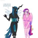  1:1 anthro anthrofied areola arthropod black_body breasts changeling clothing crossgender cutie_mark english_text equid equine friendship_is_magic ftg_crossgender fti_crossgender fur genitals green_hair green_tail gynomorph hair hasbro hi_res hole_(anatomy) horn insect_wings intersex mammal my_little_pony nipple_outline nipples penis pink_body pink_clothing pink_fur princess_cadance_(mlp) queen_chrysalis_(mlp) shallowwin simple_background tail text white_background winged_unicorn wings 