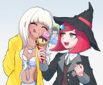  3girls :q black_headwear black_jacket blue_shirt blue_skirt blunt_bangs breasts buttons chabashira_tenko closed_eyes collarbone collared_shirt danganronpa_(series) danganronpa_v3:_killing_harmony dark-skinned_female dark_skin double-breasted food food_on_face gem_hair_ornament grey_background grey_shirt haji_(hajimaji) hat ice_cream jacket jewelry long_hair miniskirt multiple_girls navel navel_piercing necklace open_clothes open_jacket piercing pleated_skirt red_hair shell_necklace shirt short_hair simple_background skirt small_breasts smile tears tongue tongue_out two-tone_shirt upper_body white_shirt witch_hat yellow_jacket yonaga_angie yumeno_himiko 