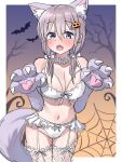  1girl animal_ears animal_hands bare_tree bat_(animal) blue_eyes bow bow_bra bow_panties bra breasts choker claw_pose commentary cowboy_shot dog_ears fangs fishnet_thighhighs fishnets frilled_bra frilled_choker frilled_panties frilled_thighhighs frills garter_straps gloves grey_hair hair_ornament hair_over_shoulder halloween halloween_costume highres jack-o&#039;-lantern jack-o&#039;-lantern_hair_ornament large_breasts lingerie looking_at_viewer low_twintails medium_hair navel open_mouth oribe_arata original panties paw_gloves silk spider_web standing symbol-only_commentary tail thighhighs tree twintails underwear white_choker white_panties white_thighhighs wolf_ears wolf_tail 