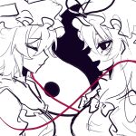  2girls breasts closed_eyes closed_mouth frilled_hat frills greyscale hat hat_ribbon highres long_hair looking_at_viewer medium_hair mob_cap monochrome multiple_girls ribbon shindiyue touhou yakumo_ran yakumo_yukari yin_yang 