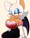  4:5 anthro armor armwear bat big_breasts black_lipstick blush breast_squish breastplate breasts cleavage clothed clothing elbow_gloves exposed_shoulders eyeshadow female fur gloves green_body handwear hi_res lawgx lipstick makeup mammal rouge_the_bat sega sitting solo sonic_the_hedgehog_(series) squish white_body white_fur 