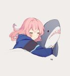  1girl alternate_hairstyle arknights blue_jacket blue_nails blue_poison_(arknights) blush closed_eyes dailybloopy grey_background highres hood hood_down hugging_object ikea_shark jacket long_hair long_sleeves numbered pink_hair simple_background solo straight_hair stuffed_animal stuffed_shark stuffed_toy under_covers upper_body 