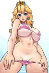  1girl bikini bikini_pull blonde_hair blue_eyes blush breasts cameltoe clothes_pull crown dracksart earrings english_commentary eyelashes from_below gradient_background hands_on_own_thighs highres jewelry large_breasts lips looking_at_viewer mario_(series) navel parted_lips polka_dot polka_dot_bikini princess_peach signature simple_background stomach sweat swimsuit thick_thighs thighs underboob 