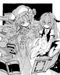  2girls blush book bow closed_mouth collared_shirt crescent crescent_hat_ornament demon_wings dress greyscale hair_bow hat hat_ornament head_wings holding holding_book koakuma long_hair maguro_(mawaru_sushi) mob_cap monochrome multiple_girls necktie open_book open_mouth patchouli_knowledge pointy_ears shaded_face shirt sleeve_garter touhou vest wings 