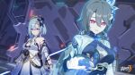  2girls blue_hair blue_lightsaber breasts chinese_commentary dress earrings energy_sword gloves griseo griseo_(cosmic_expression) hair_between_eyes highres holding holding_lightsaber holding_weapon honkai_(series) honkai_impact_3rd indoors jewelry large_breasts light_blue_hair lightsaber logo long_hair looking_at_viewer multiple_girls official_art official_wallpaper peacock_feathers purple_eyes red_eyes smile star_wars sword vita_(honkai_impact) weapon white_dress white_gloves yellow_pupils 