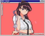  1girl artist_name black_necktie brown_eyes brown_hair english_commentary english_text holding id_card komi-san_wa_komyushou_desu komi_shouko long_hair microsoft_windows monitor necktie pixel_art red_background shirt simple_background solo white_shirt windows_95 z4c_k8 