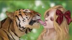  bestiality bestiality_kiss blonde_hair bodily_fluids bow_ribbon drooling duo eyeshadow felid feline female feral french_kissing hair human kissing makeup male male/female mammal pantherine saliva tiger tongue zyumin 