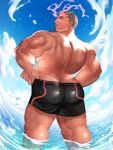  1boy ass back bara black_hair black_male_swimwear character_request cloud day facial_hair highres looking_back male_focus male_swimwear muscular muscular_male outdoors satou_shouhei scar scar_on_face scar_on_nose short_hair sky solo thick_thighs thighs tokyo_afterschool_summoners water 