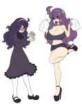  1girl @_@ before_and_after bimbofication breast_expansion breasts gothic hex_maniac_(pokemon) high_heels highres large_breasts lipstick makeup milk pantyhose pokemon purple_hair sealguy translation_request 