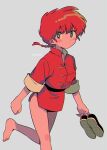  1girl barefoot blue_eyes blush_stickers braid braided_ponytail breasts closed_mouth grey_background hair_between_eyes highres holding holding_shoes menma_(enaic31) ranma-chan ranma_1/2 red_hair shoes simple_background solo walking 