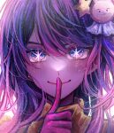  1girl absurdres annin_cha closed_mouth finger_to_mouth gloves hair_ornament highres hoshino_ai_(oshi_no_ko) idol long_hair oshi_no_ko pink_gloves purple_eyes purple_hair rabbit_hair_ornament solo star-shaped_pupils star_(symbol) symbol-shaped_pupils 