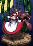  1girl animal_ears bamboo blush breasts brown_hair cleavage dress fingernails full_moon fuuren_udon happy imaizumi_kagerou long_fingernails long_hair moon multicolored_clothes off_shoulder open_mouth red_eyes tail touhou wolf_ears wolf_girl wolf_tail 