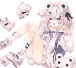  1girl :o animal_ears ass backpack bag bear_ears bear_girl bear_tail black_bow blurry blurry_foreground bow cardigan commentary_request depth_of_field fang grey_hair grey_neckerchief hair_between_eyes hair_bow hair_ornament hairclip highres hoshi_(snacherubi) knees_together_feet_apart long_sleeves looking_at_viewer neckerchief open_cardigan open_clothes open_mouth original panties paw_hair_ornament pleated_skirt puffy_long_sleeves puffy_sleeves purple_eyes sailor_collar school_uniform serafuku shirt shoe_soles simple_background skirt sleeves_past_wrists socks solo stuffed_animal stuffed_toy tail teddy_bear underwear white_background white_bow white_cardigan white_footwear white_panties white_sailor_collar white_serafuku white_shirt white_skirt white_socks x_hair_ornament 