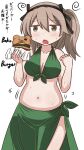  1girl bikini black_ribbon blush boko_(girls_und_panzer) breasts brown_eyes burger casual commentary_request cowboy_shot double-parted_bangs food frown girls_und_panzer hair_ribbon half-closed_eyes highres holding holding_food light_brown_hair long_hair looking_at_viewer medium_breasts medium_skirt midriff motion_lines navel one_side_up open_mouth plump poinikusu ribbon shimada_arisu skirt solo standing stuffed_animal stuffed_toy sweat swimsuit teddy_bear translation_request 