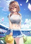  1girl absurdres ass_visible_through_thighs blue_eyes blue_skirt blue_sky blurry blurry_background bra_visible_through_clothes breasts brown_hair cheerleader cloud confetti cowboy_shot crop_top day go-toubun_no_hanayome highres karory large_breasts long_hair midriff miniskirt nakano_miku navel open_mouth outdoors pleated_skirt pom_pom_(cheerleading) shirt skirt sky solo stomach sweat thighs tied_shirt white_shirt 