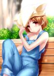  1girl animal_ear_headwear bare_arms bench blue_overalls blush breasts brown_hair cleavage collarbone day eyelashes eyes_visible_through_hair hair_between_eyes hand_up head_tilt headwear_pull highres kanon knee_up looking_at_viewer no_bra non-web_source off_shoulder outdoors overalls park park_bench parted_lips red_eyes short_hair sitting sitting_on_bench small_breasts solo spoilers tree tsukimiya_ayu yellow_headwear zen_(kamuro) 