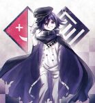  1boy absurdres black_cape black_headwear buttons cape checkered_clothes checkered_scarf danganronpa_(series) danganronpa_v3:_killing_harmony double-breasted feet_out_of_frame flipped_hair grin hair_between_eyes hand_up hat highres holding holding_clothes holding_hat jacket kokonoe_mituru multicolored_background oma_kokichi pants purple_cape purple_eyes purple_hair scarf smile solo teeth torn_cape torn_clothes white_jacket white_pants 