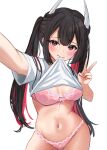  1girl absurdres alternate_costume azur_lane black_hair bra clothes_lift cow hatsuzuki_(azur_lane) highres horns lace-trimmed_bra lace_trim long_hair midriff mouth_hold outstretched_hand panties pink_panties red_eyes red_hair selfie shirt_lift soul_(dp11) taking_picture twintails underwear v white_background 