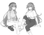  2girls absurdres amyucheu character_request closed_mouth collarbone commentary_request feet_out_of_frame greyscale hair_between_eyes hairband highres honkai_(series) honkai_impact_3rd long_hair looking_at_viewer monochrome multicolored_hair multiple_girls off-shoulder_shirt off_shoulder pants parted_lips sandals shirt shoe_soles shoes short_sleeves simple_background sitting sketch streaked_hair very_long_hair white_background 