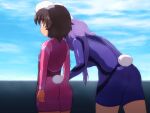  2girls alternate_costume animal_ears arms_at_sides ass breasts brown_hair clothing_request cloud commentary_request cowboy_shot day flat_chest floppy_ears from_behind inaba_tewi leaning_forward ledge long_hair long_sleeves looking_back medium_breasts multiple_girls outdoors petite profile purple_hair rabbit_ears rabbit_tail red_eyes reisen_udongein_inaba shirosato short_hair sideways_mouth sky standing tail touhou very_long_hair 