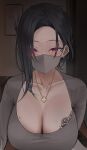  1girl blush breasts chest_tattoo cleavage collarbone dress forehead grey_dress grey_mask highres k_pring large_breasts looking_at_viewer mole mole_on_breast original pink_eyes single_sidelock solo tattoo upper_body 