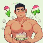  1boy 6+boys bara black_hair blush cake cake_slice character_request chibi chibi_inset dark-skinned_male dark_skin earrings food highres incoming_food jewelry kim_liong_(shan) large_pectorals long_sideburns male_focus multiple_boys muscular muscular_male necklace nipples nude number_candle original pectorals shan_(shanshankuo) short_hair sideburns solo_focus sweat sweatdrop thick_eyebrows tsi-ho_(shan) upper_body 