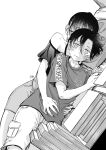  1boy 1girl bare_shoulders bed black_hair blush boku_no_kokoro_no_yabai_yatsu book closed_eyes greyscale haika_(edathaika) hands_on_another&#039;s_stomach highres hug hug_from_behind ichikawa_kyoutarou looking_at_viewer lying monochrome off-shoulder_shirt off_shoulder on_bed on_side pencil_skirt ringed_eyes shirt short_hair shorts skirt sweat white_shorts yamada_anna 