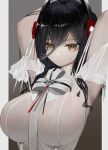  1girl absurdres arknights arms_up black_hair breasts demon_horns dress hair_between_eyes highres horns impossible_clothes impossible_dress ines_(arknights) large_breasts long_hair nero_(nero_nyam) simple_background solo upper_body white_dress yellow_eyes 