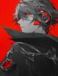  1boy alhaitham_(genshin_impact) artist_name black_jacket closed_mouth expressionless facing_to_the_side genshin_impact grey_hair headphones highres jacket long_sleeves looking_at_viewer male_focus red_background red_eyes short_hair solo symbol-shaped_pupils wire yuelight 