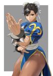  1girl absurdres bracelet brown_eyes brown_hair chinese_clothes chun-li double_bun fighting_stance hair_bun highres jewelry lips looking_at_viewer pantyhose pelvic_curtain solo spiked_bracelet spikes street_fighter thick_thighs thighs v-shaped_eyebrows yagi_(joe731842) 