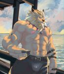  abs bandai_namco beard belt blonde_hair blue_eyes bottomwear claws clothed clothing digimon digimon_(species) facial_hair gavel_(artist) hair hi_res jewelry leomon looking_at_viewer male navel necklace nipples pants sea smile solo topless water 