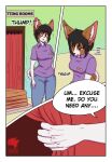  anthro black_hair breasts brown_body brown_fur canid canine canis clothed clothing comic dialogue digital_media_(artwork) domestic_dog ear_piercing facial_piercing fur hair hi_res kemono mammal nose_piercing piercing pomeranian public shiratzu solo speech_bubble spitz store text white_body white_fur 