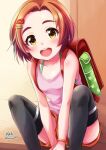  1girl backpack bag black_thighhighs brown_eyes brown_hair brown_shorts commentary_request green_panties hair_ornament hairclip haruhata_mutsuki idolmaster idolmaster_cinderella_girls looking_at_viewer open_mouth panties panty_peek pink_tank_top randoseru revision ryuzaki_kaoru short_hair short_shorts shorts sitting smile solo spread_legs tank_top thighhighs underwear 