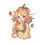  1girl :o arknights blue_bow blush bow brown_eyes chestnut_mouth feather_hair hinagi_(windy5637) long_sleeves looking_at_viewer mole mole_under_eye orange_bow orange_hair pinecone pinecone_(arknights) ponytail simple_background solo suspenders sweater turtleneck turtleneck_sweater two-tone_bow upper_body white_background yellow_sweater 