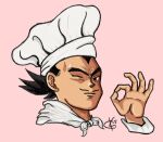  1boy black_hair chef chef_hat commentary cristal-knight dated dragon_ball english_commentary facial_hair hat looking_at_viewer mustache name_connection ok_sign one_eye_closed parody pink_background real_life scarf screentones signature simple_background solo spiked_hair v-shaped_eyebrows vegeta_(seasoning) white_headwear white_scarf 