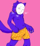  2019 4_fingers anthro blue_body blue_fur bodily_fluids bottomwear breath butt canid canine canis clothing colored drooling expressive_mask fangs fingers fur hi_res kedamono_(popee_the_performer) male mammal mask navel nekotanyanneko pawpads pink_background popee_the_performer saliva shorts simple_background solo teeth wolf 