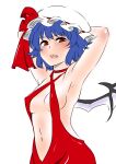  1girl alternate_costume armpits arms_behind_head arms_up backless_outfit bat_wings blue_hair blush breasts commentary_request covered_nipples cowboy_shot criss-cross_halter dress embarrassed halterneck hat hat_ribbon highres lips looking_at_viewer mob_cap navel parted_lips red_dress red_eyes red_ribbon remilia_scarlet ribbon shiraue_yuu short_hair sideboob small_breasts solo tearing_up teeth touhou white_background white_headwear wings 
