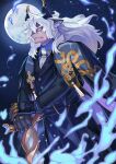  1boy alchemy_stars ascot black_shirt cane collared_shirt fang fire furry furry_male highres holding holding_cane horns istvan_(alchemy_stars) long_hair looking_at_viewer male_focus moon night night_sky scar scar_on_cheek scar_on_face shirt shishimi443 sky solo white_hair 