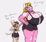  anthro big_breasts bottomwear bovid bovine bra breasts bulge cattle clothing duo english_text female goblin hi_res horn huge_breasts humanoid long_ears male male/female mammal meme nipple_outline nipples olibur olibur_(olibur) paprika_(olibur) shorts size_difference smaller_male smile speech_bubble sports_bra taller_female text underwear 