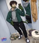  clawed_fingers clothed clothing facial_hair footwear fully_clothed fully_clothed_male goatee green_body green_scales hi_res holding_object holding_phone hoodie human larru-larru mammal phone reptile scales scalie selfie topwear transformation 